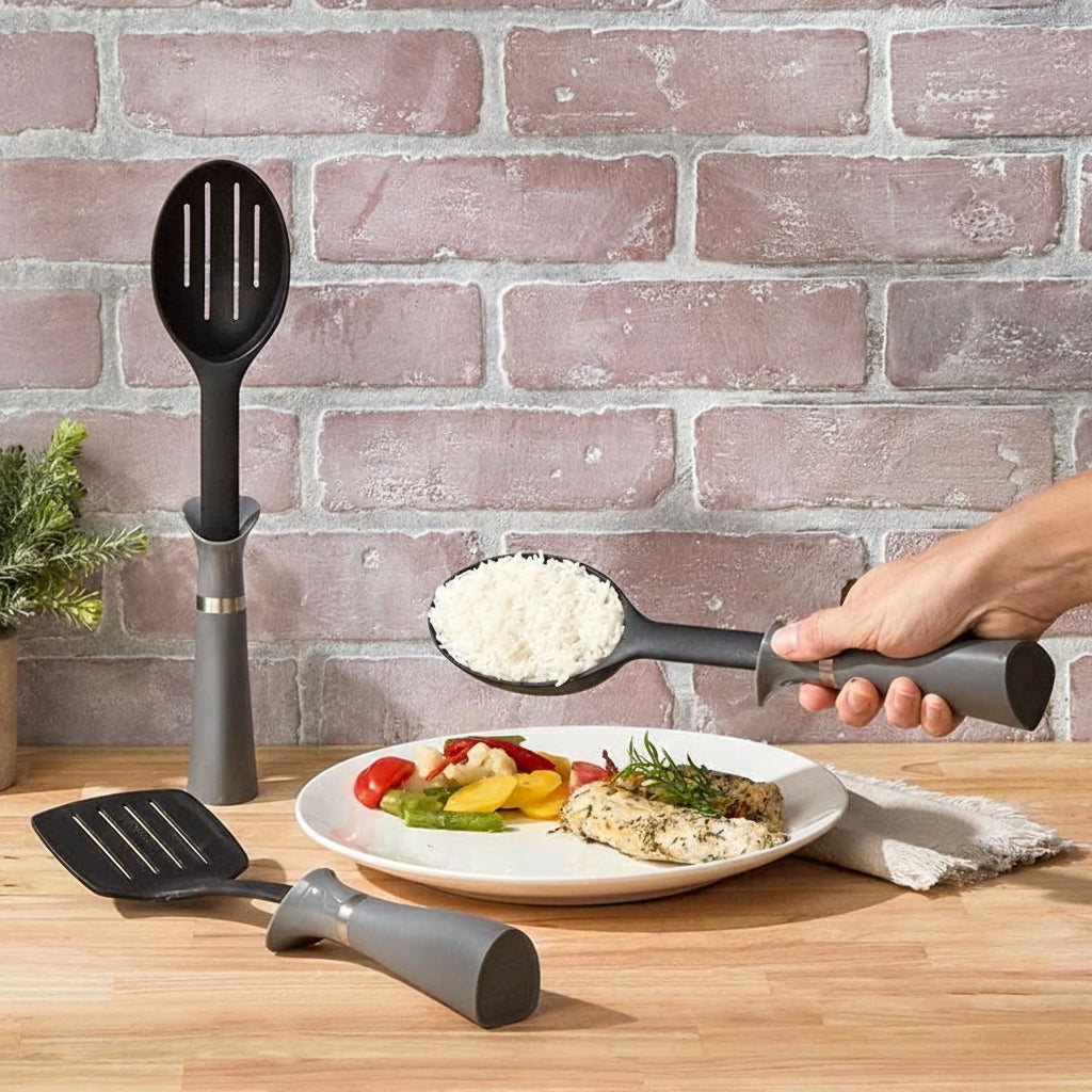 Less Mess Kitchen Utensil Set with Built in Drip Collar and Portion Control