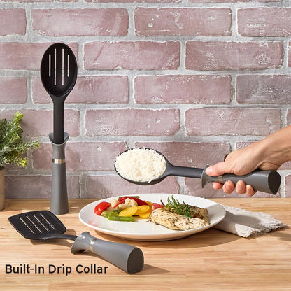 Less Mess Kitchen Utensil Set with Built in Drip Collar and Portion Control