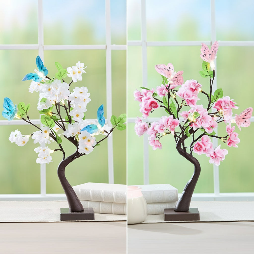 Lighted Fiber Optic Flower Butterfly Tabletop Tree - Pink or Yellow
