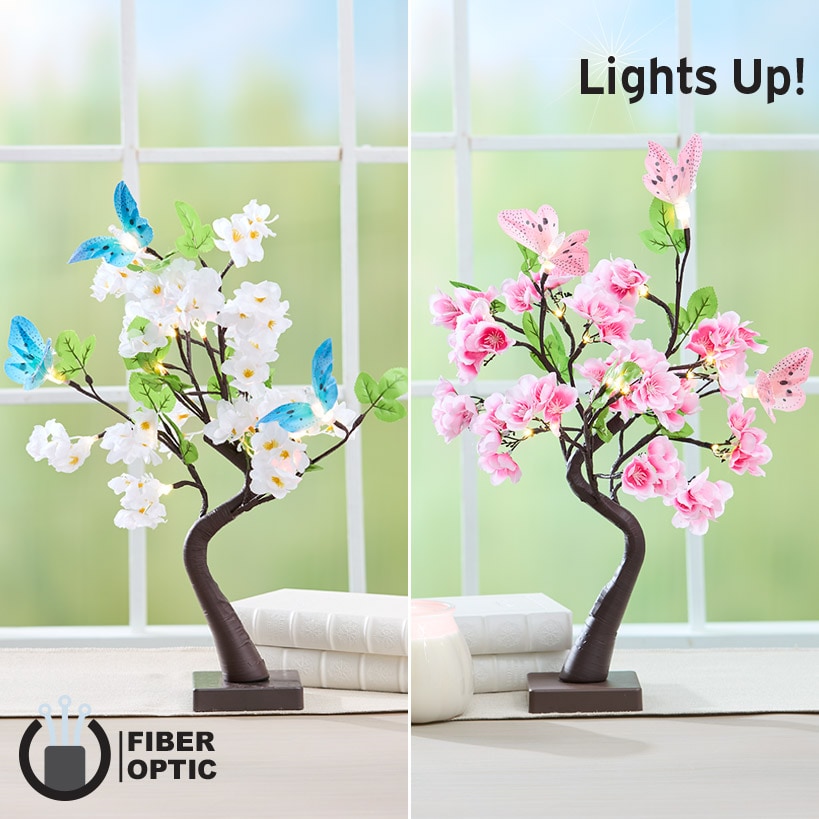 Lighted Fiber Optic Flower Butterfly Tabletop Tree - Pink or Yellow