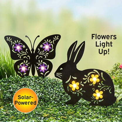 Solar Spring Silhouette Garden Stake With Flowers - Bunny or Butterfly