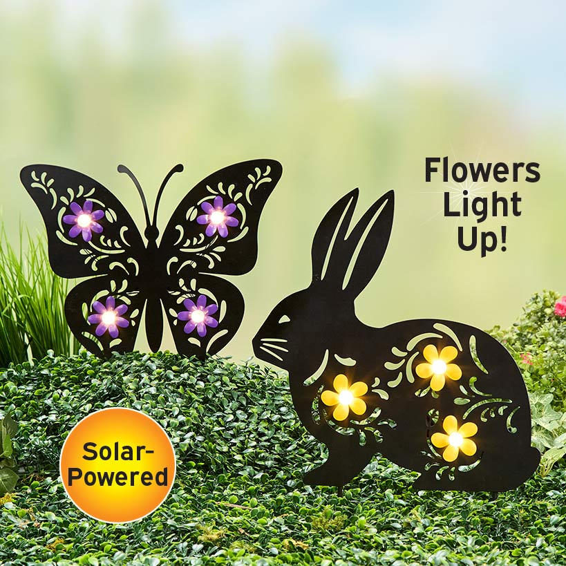 Solar Spring Silhouette Garden Stake With Flowers - Bunny or Butterfly