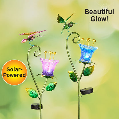 Solar Glass Flower Garden Stake - Butterfly or Hummingbird