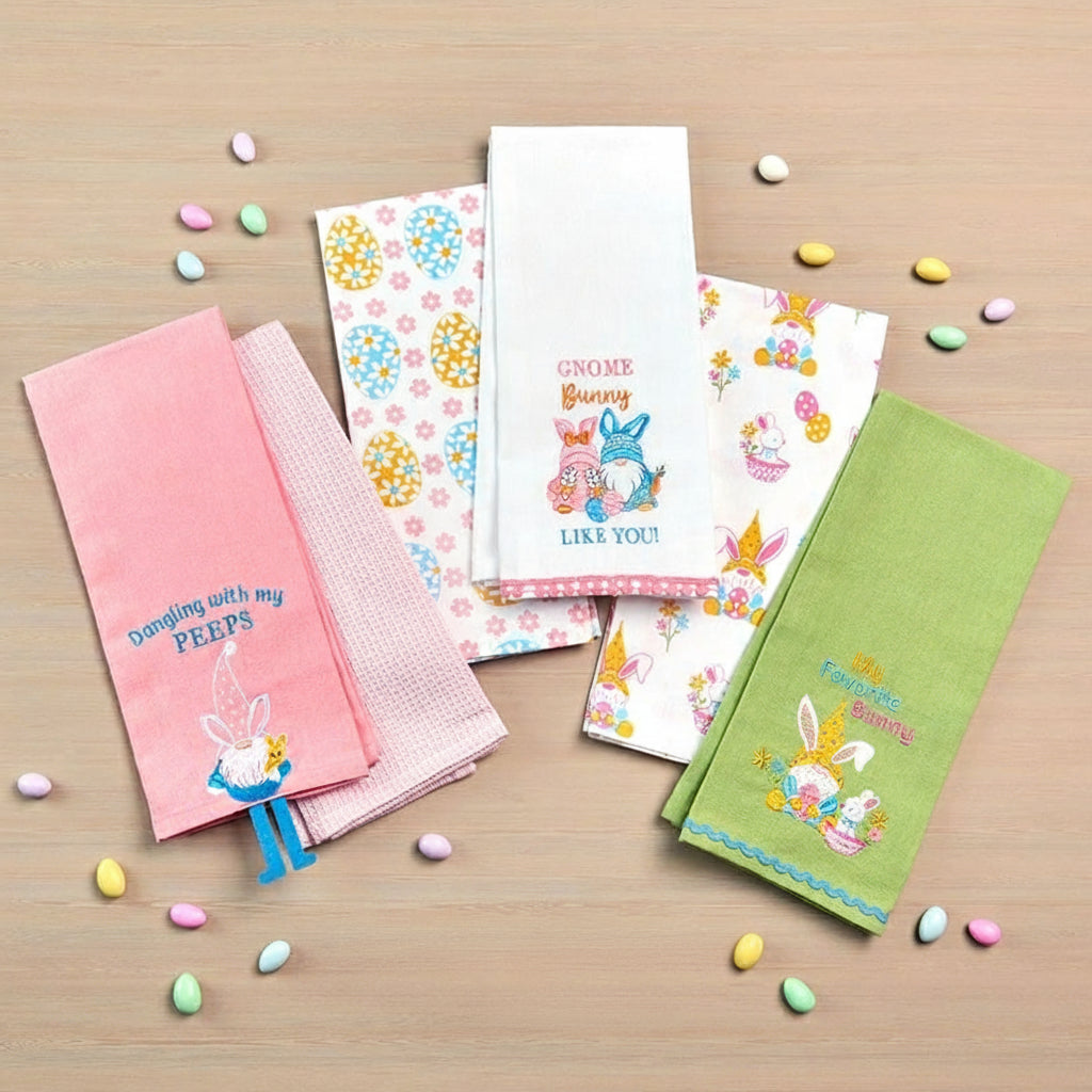Embroidered Kitchen Towels Gnomes and Bunnies Set of 2