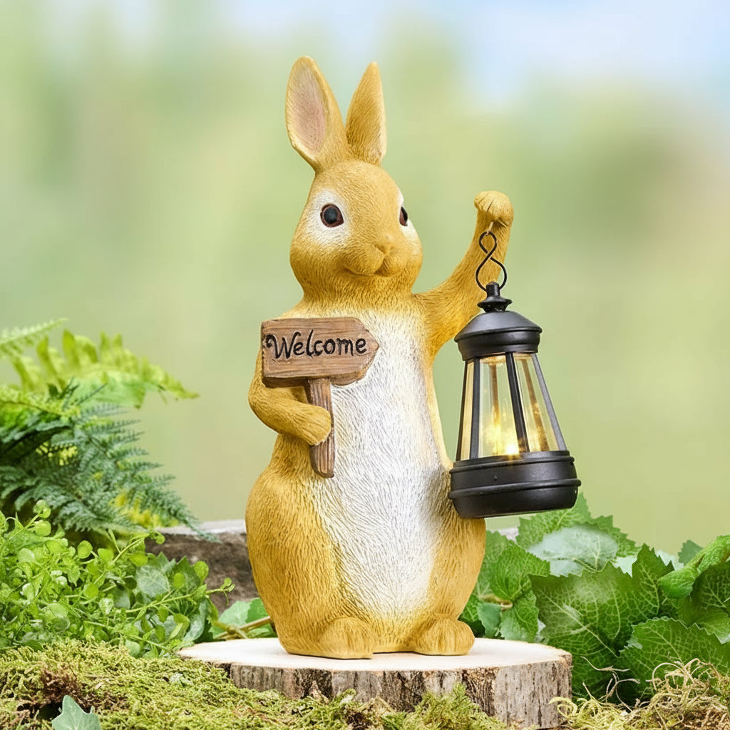Solar Welcome Bunny Garden Statue With Lantern