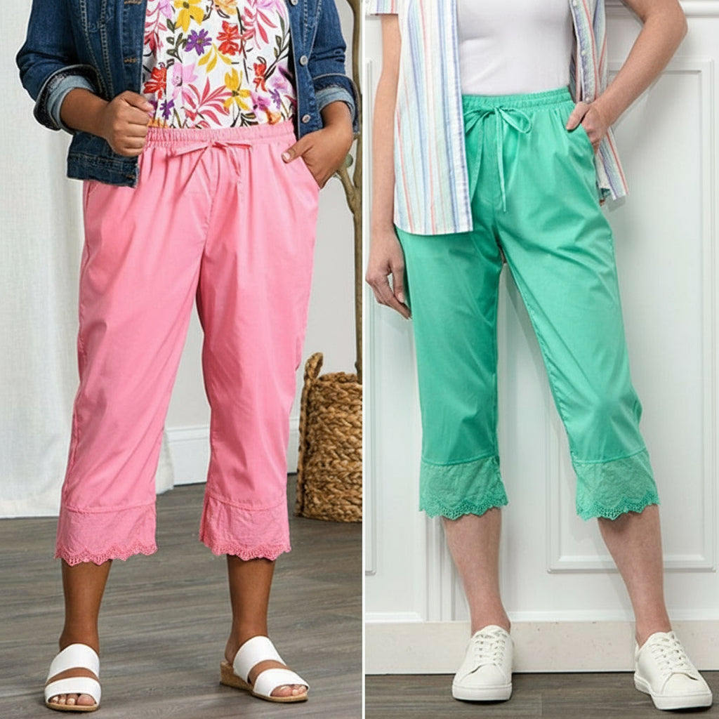 Women's Capri Pants with Scalloped Hemline and Waist Drawstring