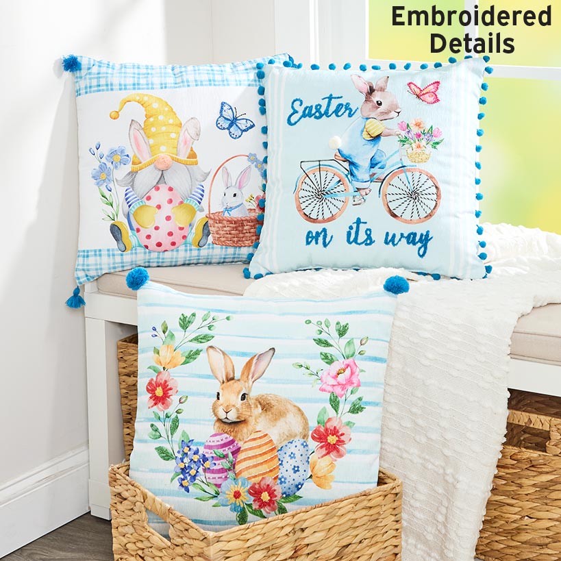 Easter Bunny Embroidered Decorative Pillow