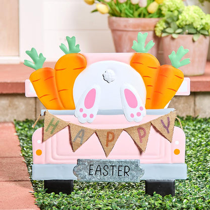 Happy Easter Pink Truck Stake With Hopping Bunny And Carrots