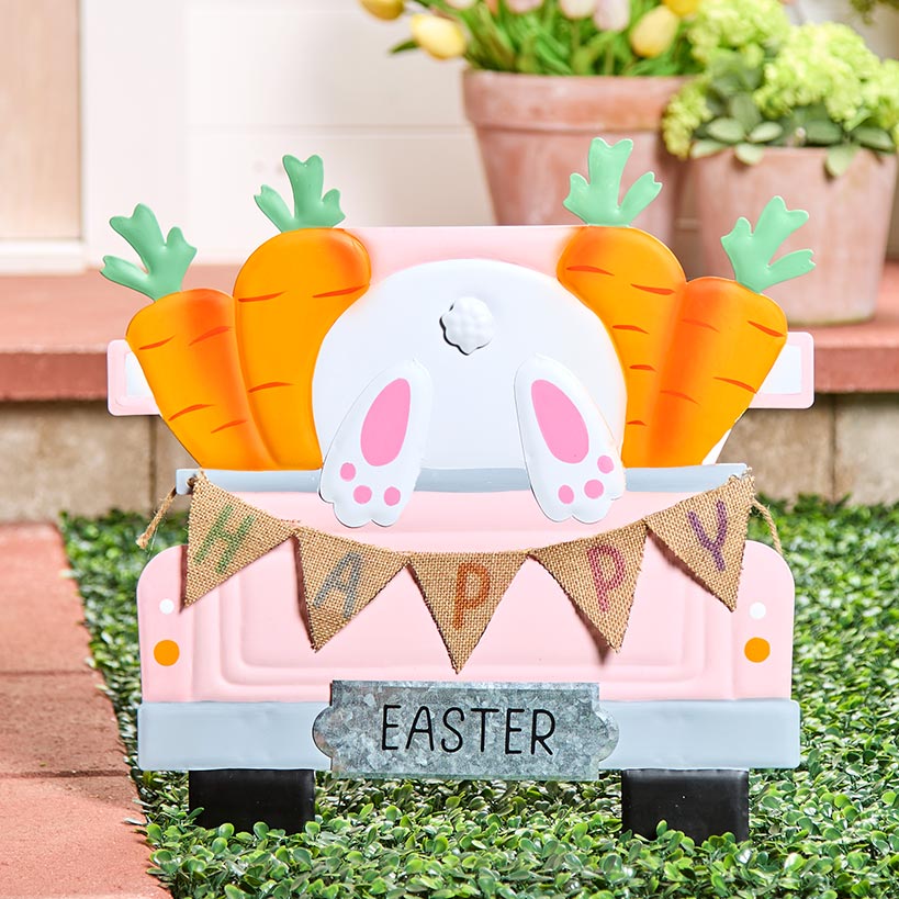 Happy Easter Pink Truck Stake With Hopping Bunny And Carrots
