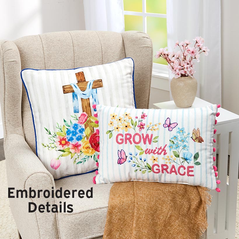 Easter Religious Cross Butterflies Embroidered Decorative Pillow