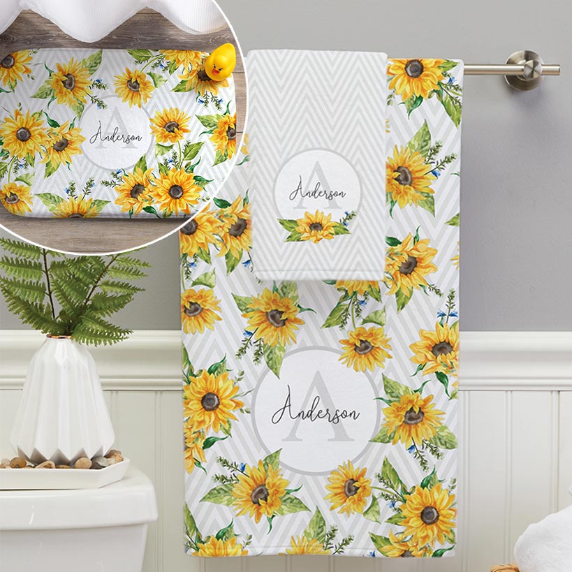 Personalized Sunflower Pattern Towels and Bath Mat