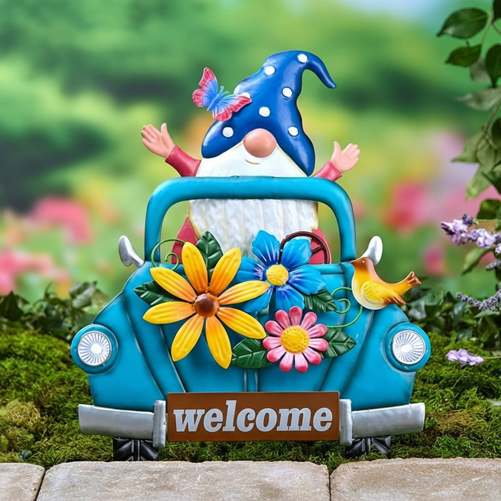 Solar Spring Truck With Gnome Driver Garden Stake