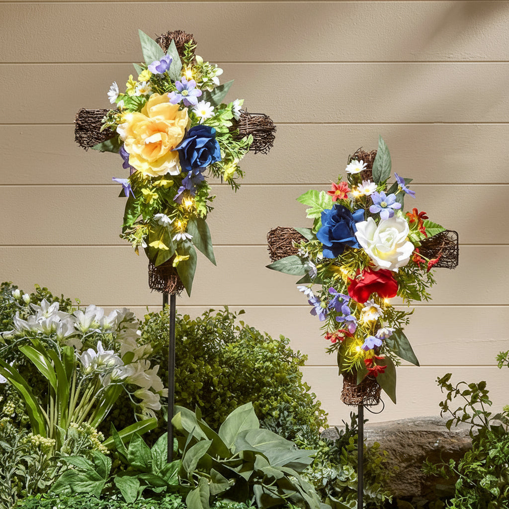 Solar Lighted Flower Garden Cross Stake