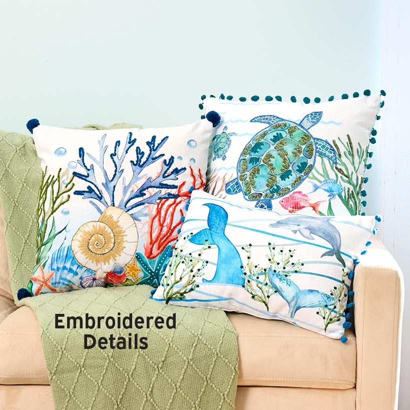 Coastal Themed Embroidered Decorative Pillow