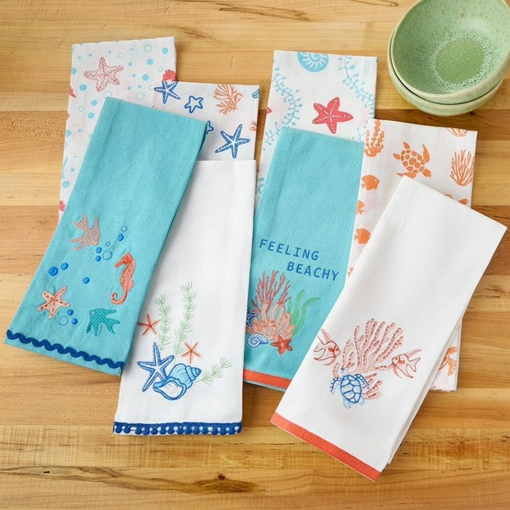 Coastal Themed Embroidered Kitchen Towels, Set of 2
