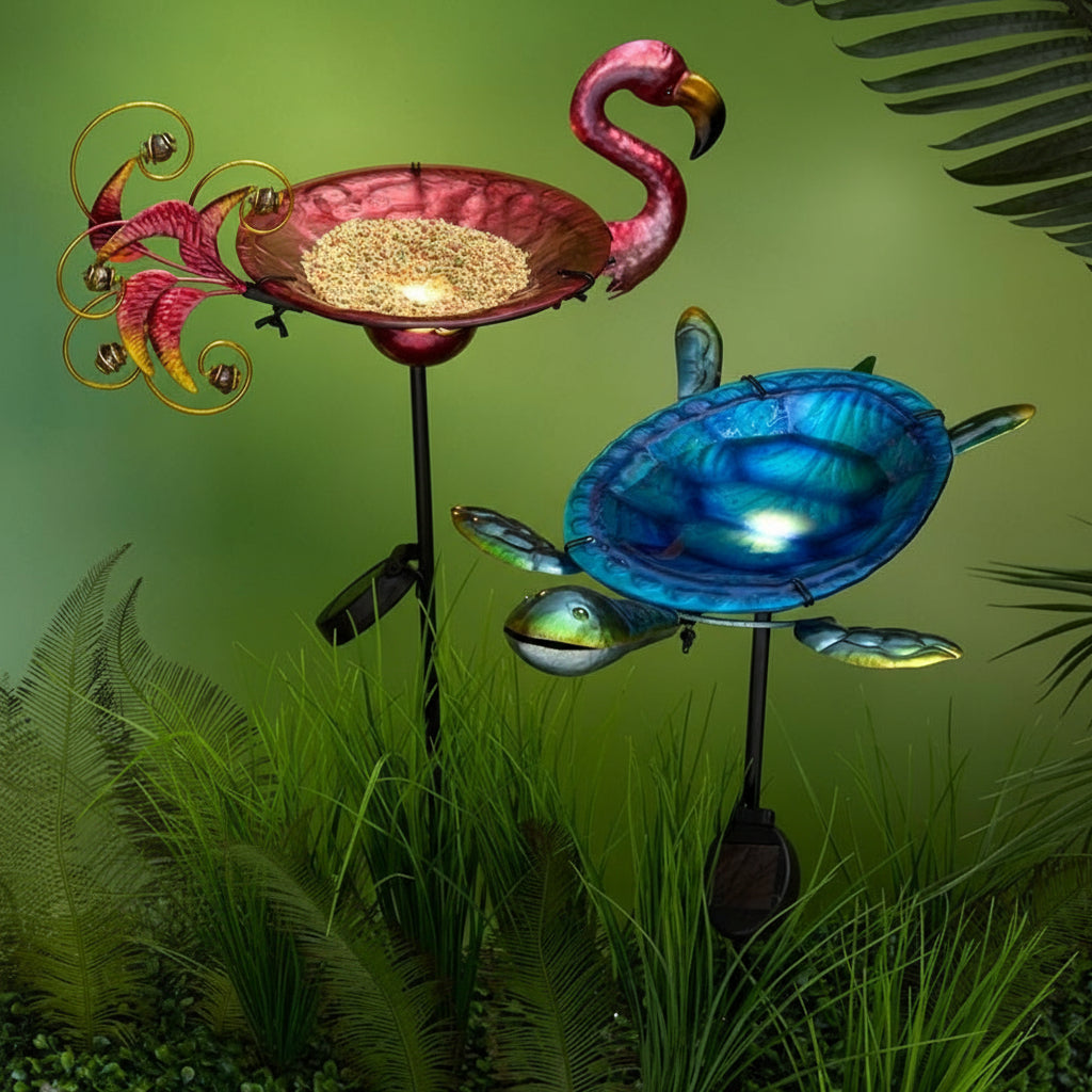 Outdoor Solar Birdbath and Feeder with Stake Turtle or Flamingo