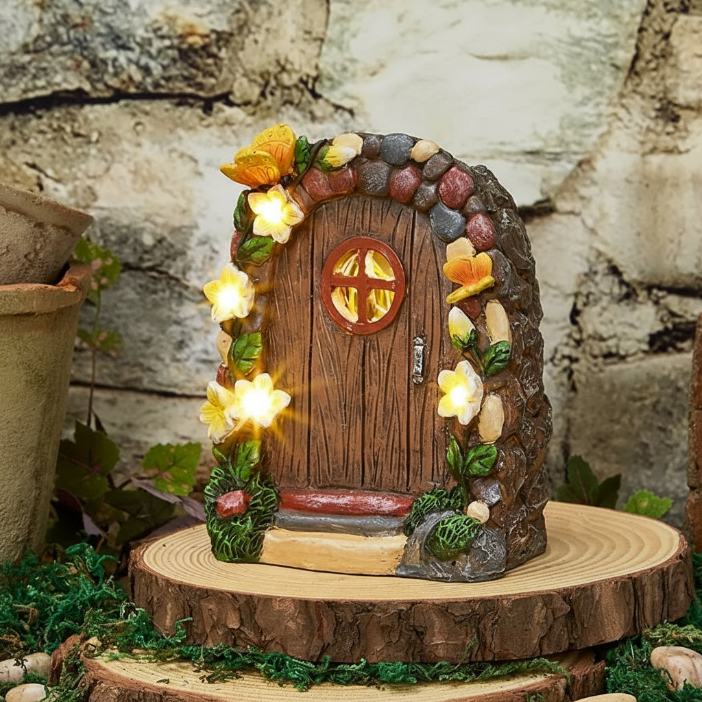 Miniature Solar Fairy Garden Door with Butterfly Accents