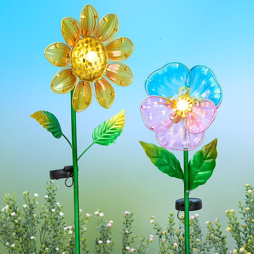 Solar Powered Floral Garden Stake Pansy or Sunflower