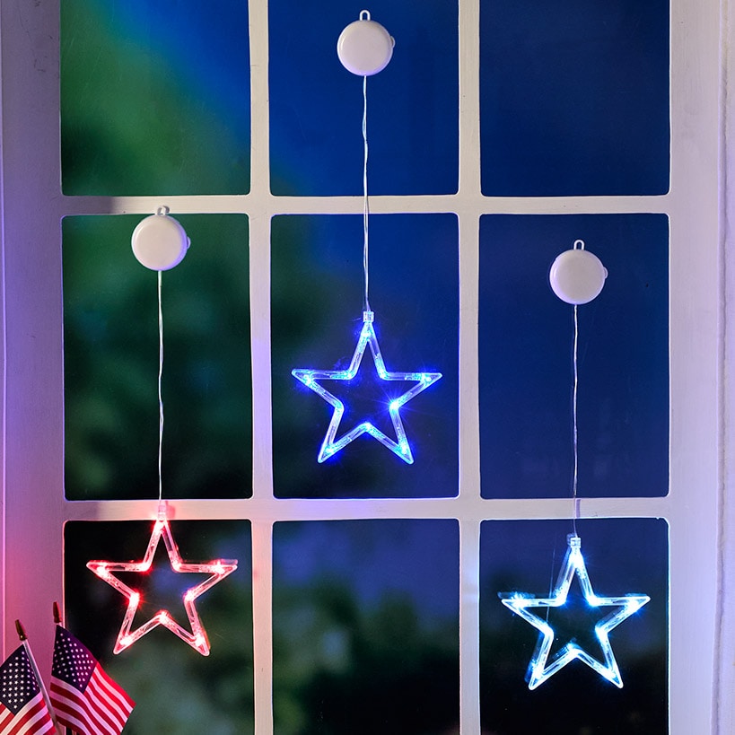 Window Stars Red Blue and White Set of 3 Lighted