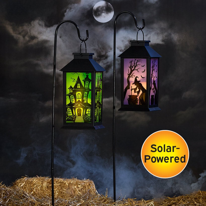 Halloween Lantern Solar Green With Haunted House Or Purple With Witch