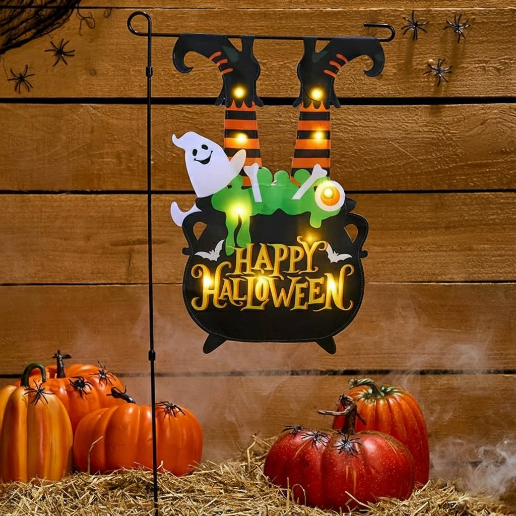 Halloween Flag Witch Cauldron Lighted With Pole And Happy Halloween