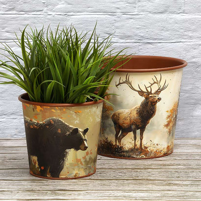 Planter Lodge Themed Decor In Large With Elk and Small With Bear