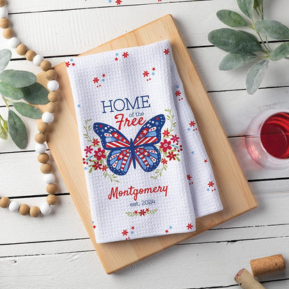 Personalized Home of the Free Patriotic Butterfly Tea Towel