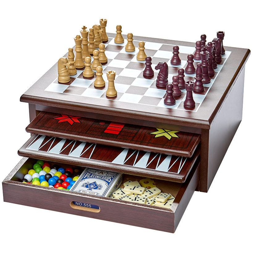 Wooden 15-in-1 Game Center - Family Fun with Chess, Checkers, and More