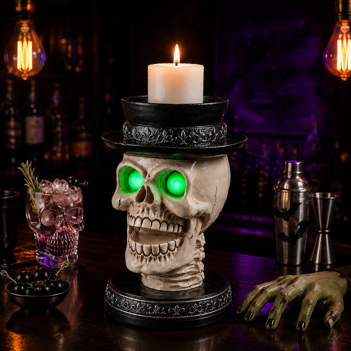 Halloween Skull Candle Holder with Glowing Green Eyes, Gothic Open Mouth Skeleton Head Statue with Black Top Hat, Spooky Tabletop Decor for Home Party - image 19