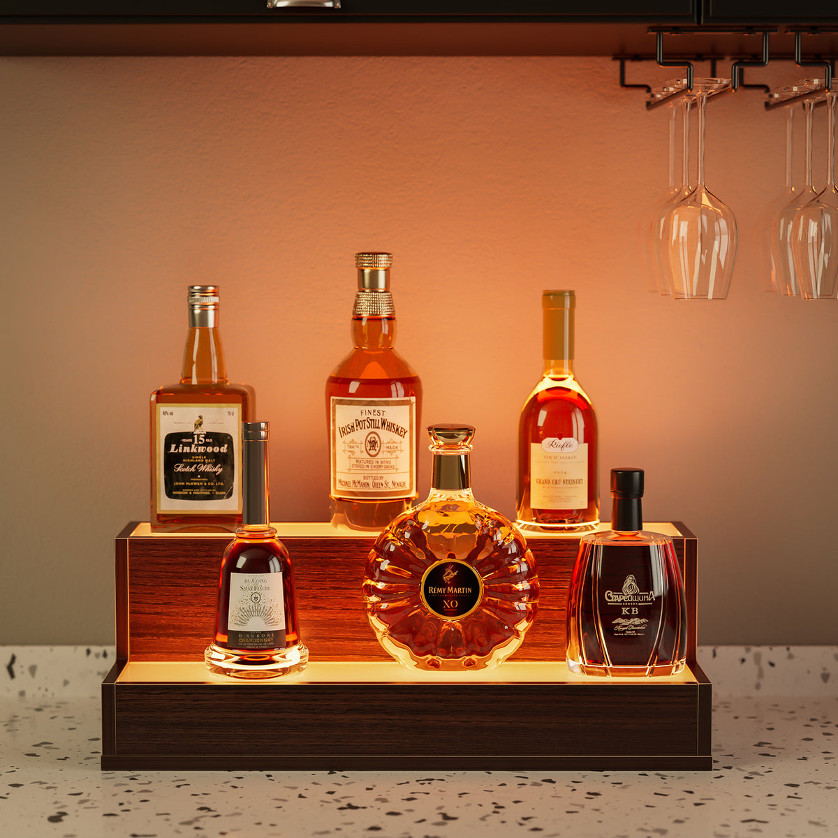 LED Lighted Liquor Bottle Display Shelf, 20 Inch Bar Display Shelf, DIY Illuminated Bottle Shelf with App & Remote Control, 2 Step Freestanding Holding Bottles for Home Bar, Party, Walnut - image 2