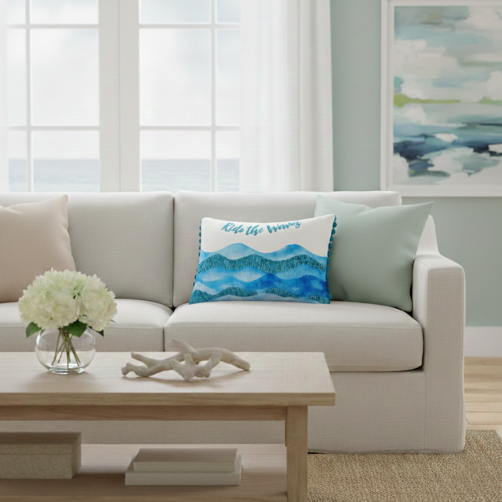 Coastal Inspired Embroidered Decorative Pillow