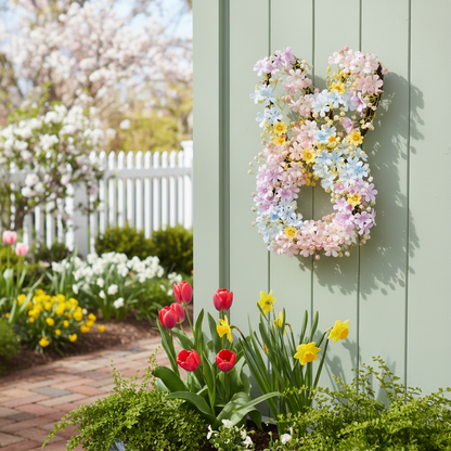Easter Lighted Bunny Shape Spring Flower Wreath - Battery Operated