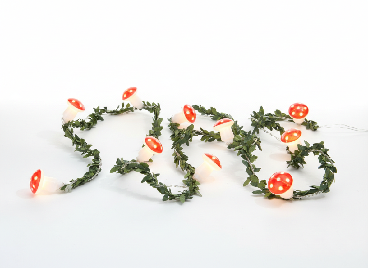 Mushroom String Lights With Greenery - Battery Operated