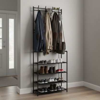 Entryway Shoe & Coat 4-Tier Clothing Organizer Rack with 8 Hooks