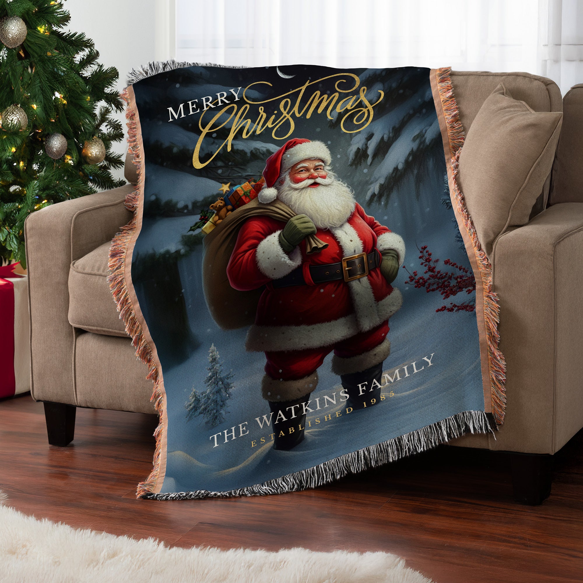 Personalized Merry Christmas Santa Fringe Throw Blanket