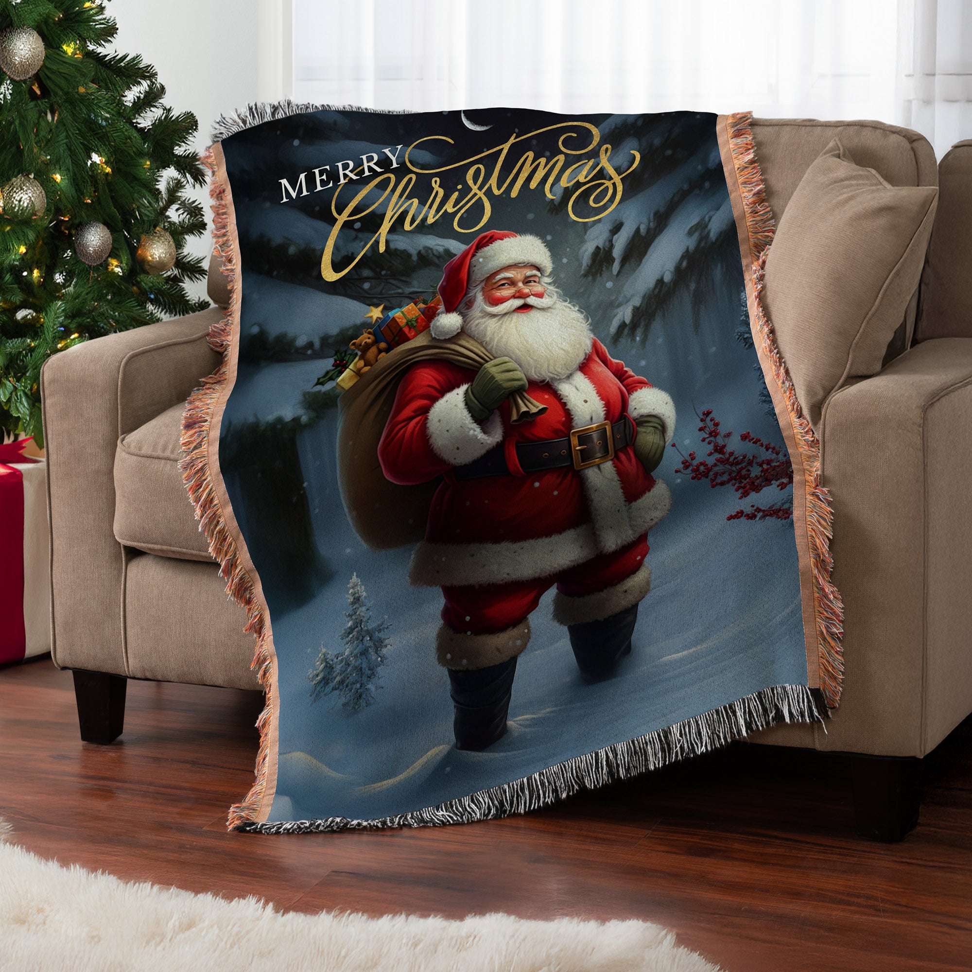 Merry Christmas Santa Fringe Throw Blanket