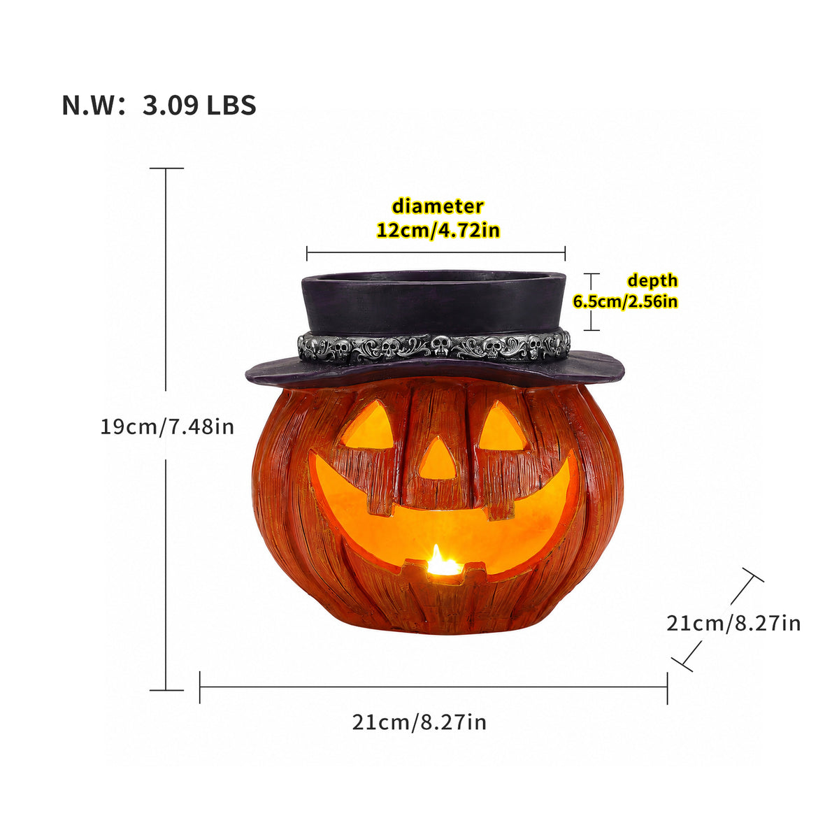 Halloween Pumpkin Candy Bowl with Witch Hat, Light Up Jack O Lantern Decoration, Spooky Tabletop Storage Container for Home Party Decor - image 4