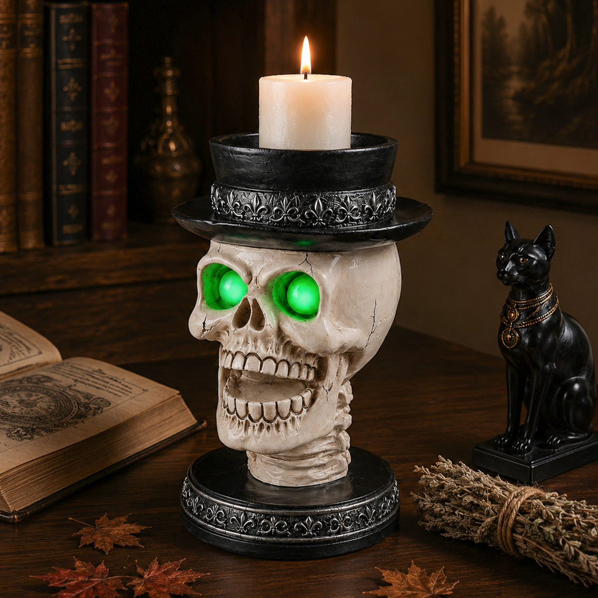 Halloween Skull Candle Holder with Glowing Green Eyes, Gothic Open Mouth Skeleton Head Statue with Black Top Hat, Spooky Tabletop Decor for Home Party - image 17