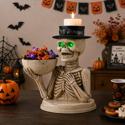 Halloween Skeleton Figurine with Storage Bowl & Candle Holder, Spooky Halloween Decor for Indoor Home - image 2