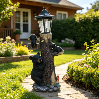 Black bear statue welcome sign garden statue with solar light, 19-inch resin bear family on tree, outdoor bear decoration for courtyard, garden, lawn, yard, perfect gift for Thanksgiving, Christmas, M - image 13