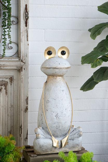 11.4x8.3x24.8" Abstract White Magnesium Frog Figurine with Gold Arms and Eyes