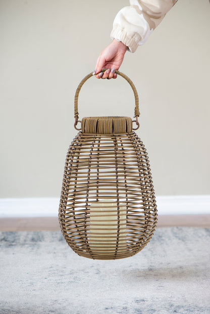 7.9x7.9x10.6" Brown Poly Rattan Lantern With White LED Candle
