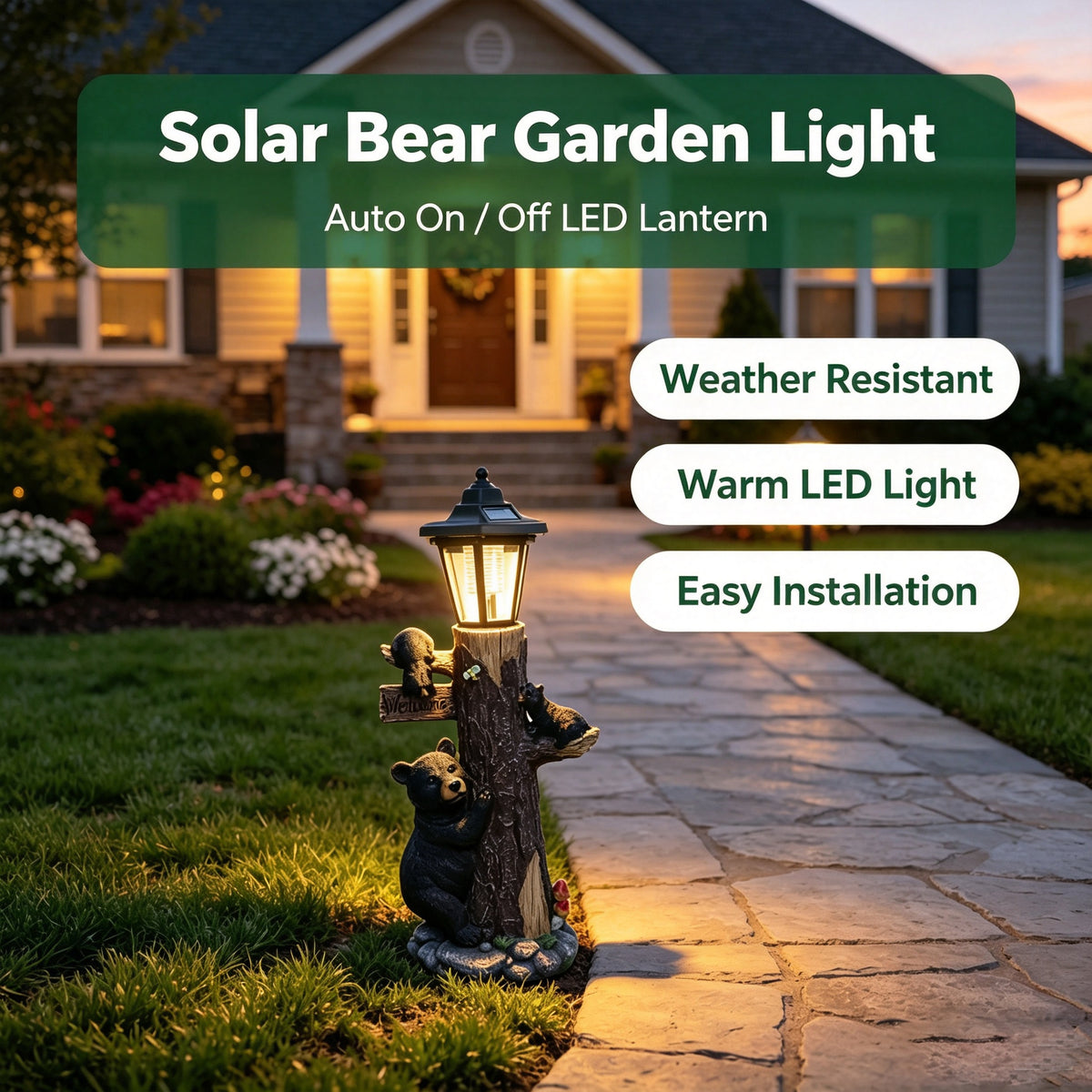 Black bear statue welcome sign garden statue with solar light, 19-inch resin bear family on tree, outdoor bear decoration for courtyard, garden, lawn, yard, perfect gift for Thanksgiving, Christmas, M - image 3