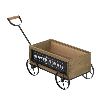 16.5x9.5x8" Rustic Wooden Wagon Planter with Black Iron Wheels and Handle - image 2
