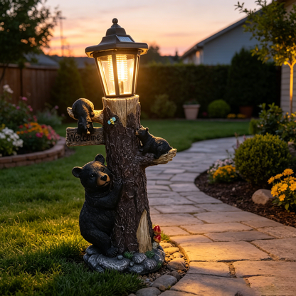 Black bear statue welcome sign garden statue with solar light, 19-inch resin bear family on tree, outdoor bear decoration for courtyard, garden, lawn, yard, perfect gift for Thanksgiving, Christmas, M - image 11