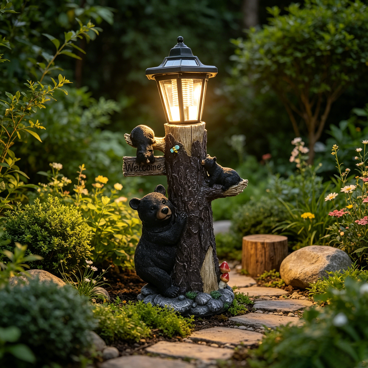 Black bear statue welcome sign garden statue with solar light, 19-inch resin bear family on tree, outdoor bear decoration for courtyard, garden, lawn, yard, perfect gift for Thanksgiving, Christmas, M - image 2
