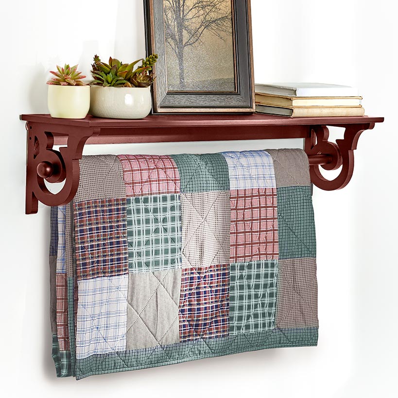 Wall Mounted Wooden Quilt or Towel Rack with Storage Shelf