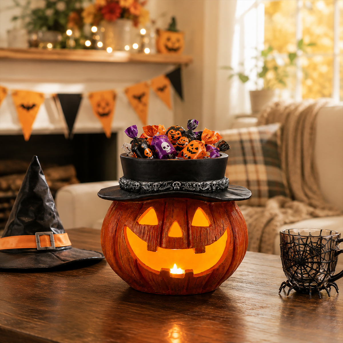 Halloween Pumpkin Candy Bowl with Witch Hat, Light Up Jack O Lantern Decoration, Spooky Tabletop Storage Container for Home Party Decor - image 16