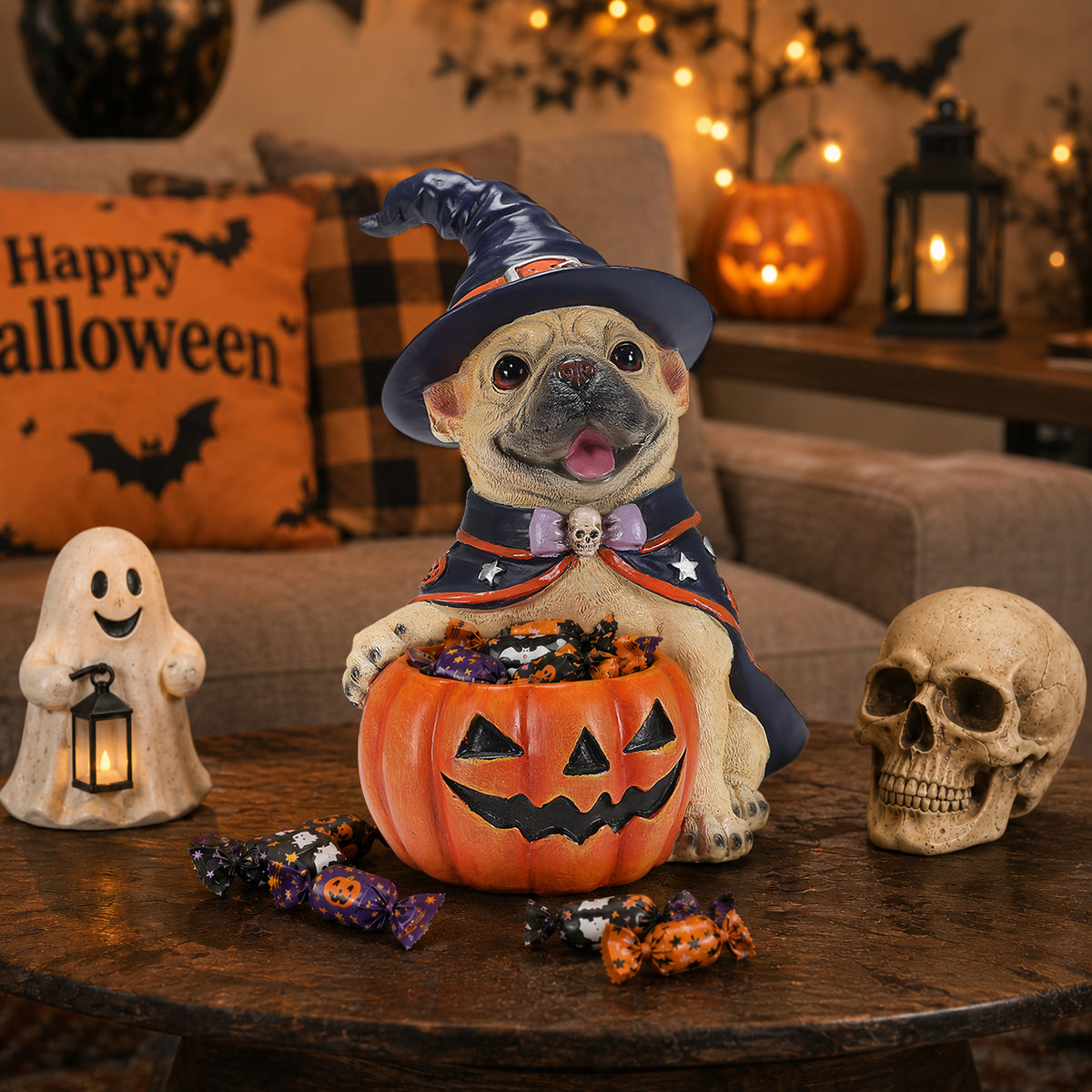 Halloween French Bulldog Witch Puppy Figurine, Cute Dog Holding Pumpkin Candy Bowl Decoration - image 2