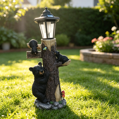 Black bear statue welcome sign garden statue with solar light, 19-inch resin bear family on tree, outdoor bear decoration for courtyard, garden, lawn, yard, perfect gift for Thanksgiving, Christmas, M - image 9